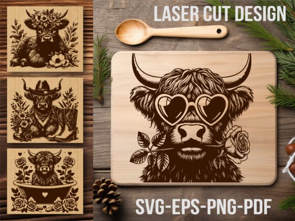 Floral Highland Cow Laser Cutting Board Design SVG
