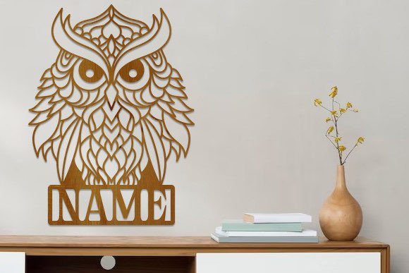 Owl Laser Cutting Wooden Name Sign SVG Design